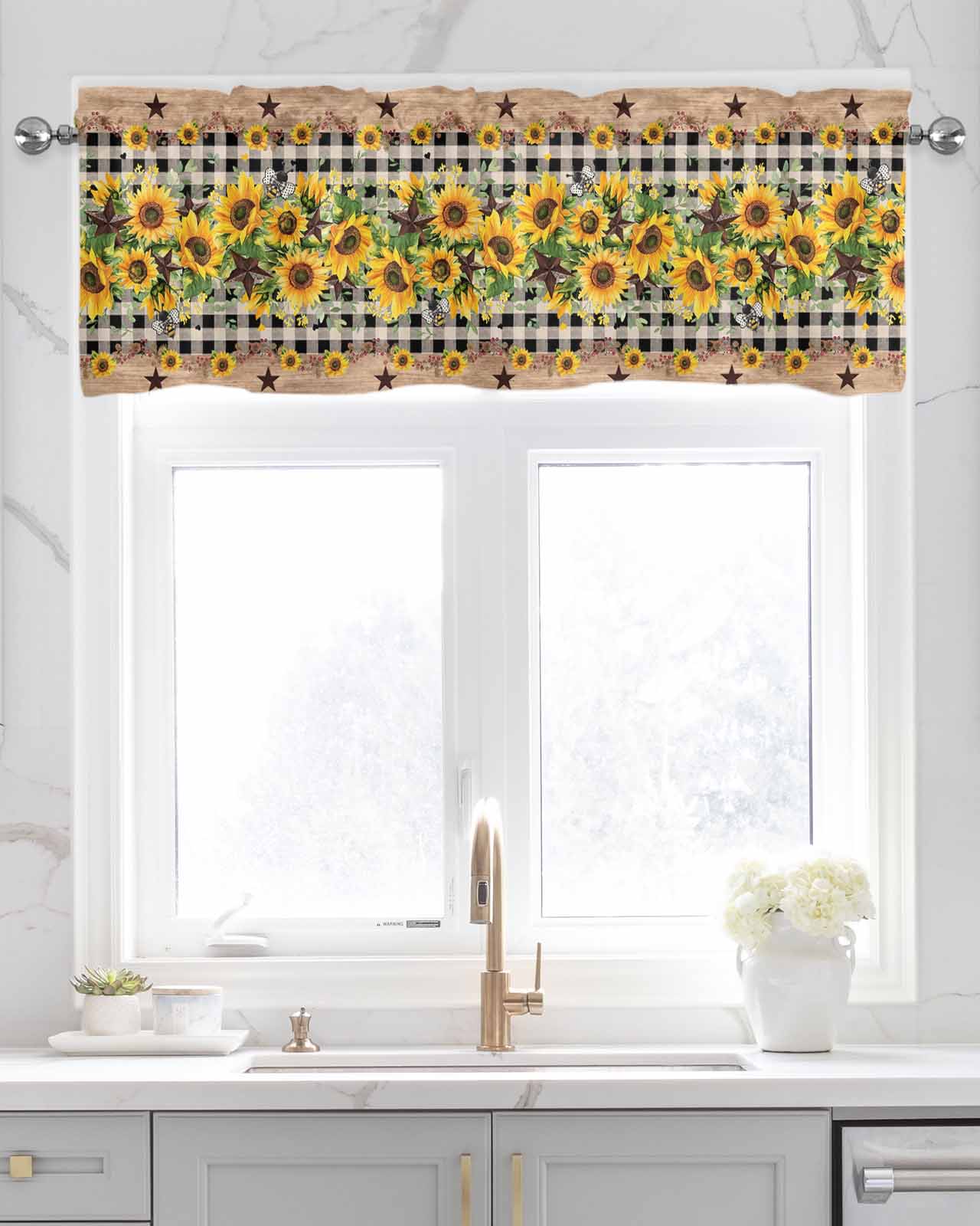 Spring Sunflower Kitchen Valances for Windows Farmhouse Linen Window Valance Curtain for Living Room Window Treatment Checkered Star Farmhouse Retro Valance Rod Pocket Topper Drape, 60 x 18 Inch