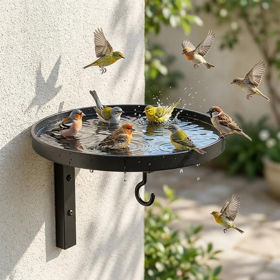 Zlinib Wall Mounted Metal Bird Bath Feeder Tray, Wall Mounted for Outdoor Garden | Black Bird Tray with Hanging Bracket, Fits Deck Rail Fence Tree; Waterer for Hummingbird Crow Squirrel, Patio Yard D