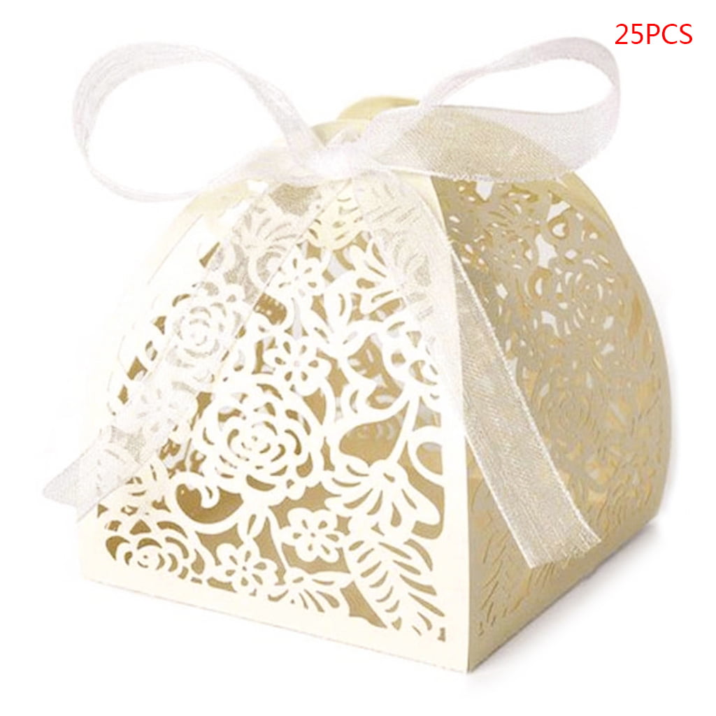 25PCS Rose Laser Cut Candy Gift Favor Boxes & Ribbon Wedding Party Favours Hot 