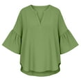 thumbnail image 4 of Vmvidoty Women Plus Size 3/4 Sleeves Cotton Linen Solid Color V-neck Ruffle Sleeve Shirt/Top Green M( Women's or Women's Plus ), 4 of 6