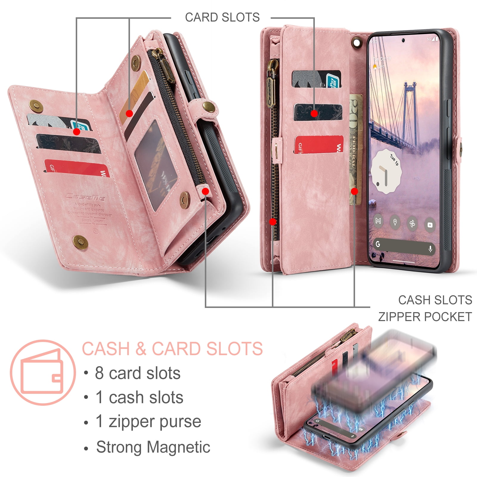 Feishell Durable 2- In-1 Magnetic Detachable Wallet Case for iPhone 16,for Women Men,Premium PU Leather Zipper Pocket Flip Multi Card Slots Purse Phone Case with Wrist Strap,Pink