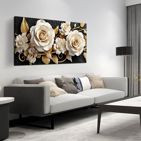 VELVET Flower Large Canvas Wall Art for Livg Room Bedroom Home Office White and Gold Wall Art Blossom Picture Wall Decor Modern Canvas Prts 10x8inch Unframed