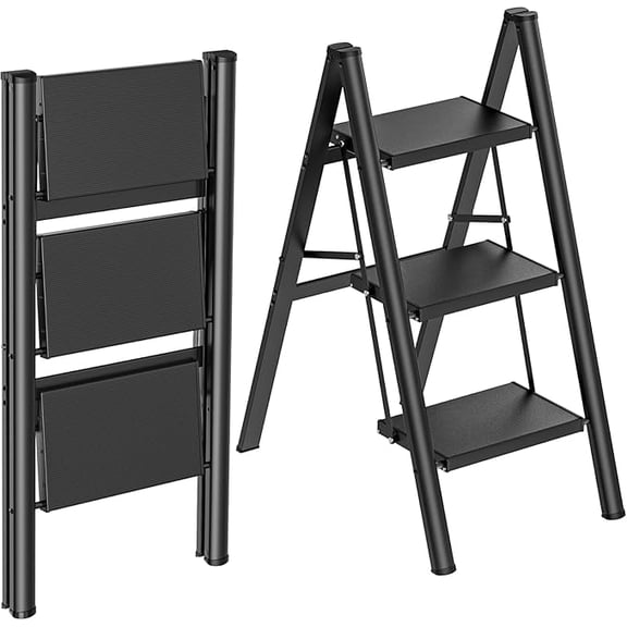 Efoee Aluminum alloy 3 Step Ladder, Folding Step Stool with Anti-Slip Pedal, Lightweight Portable Ladder for Kitchen,Home, Workplace, 330lbs Capacity, Black