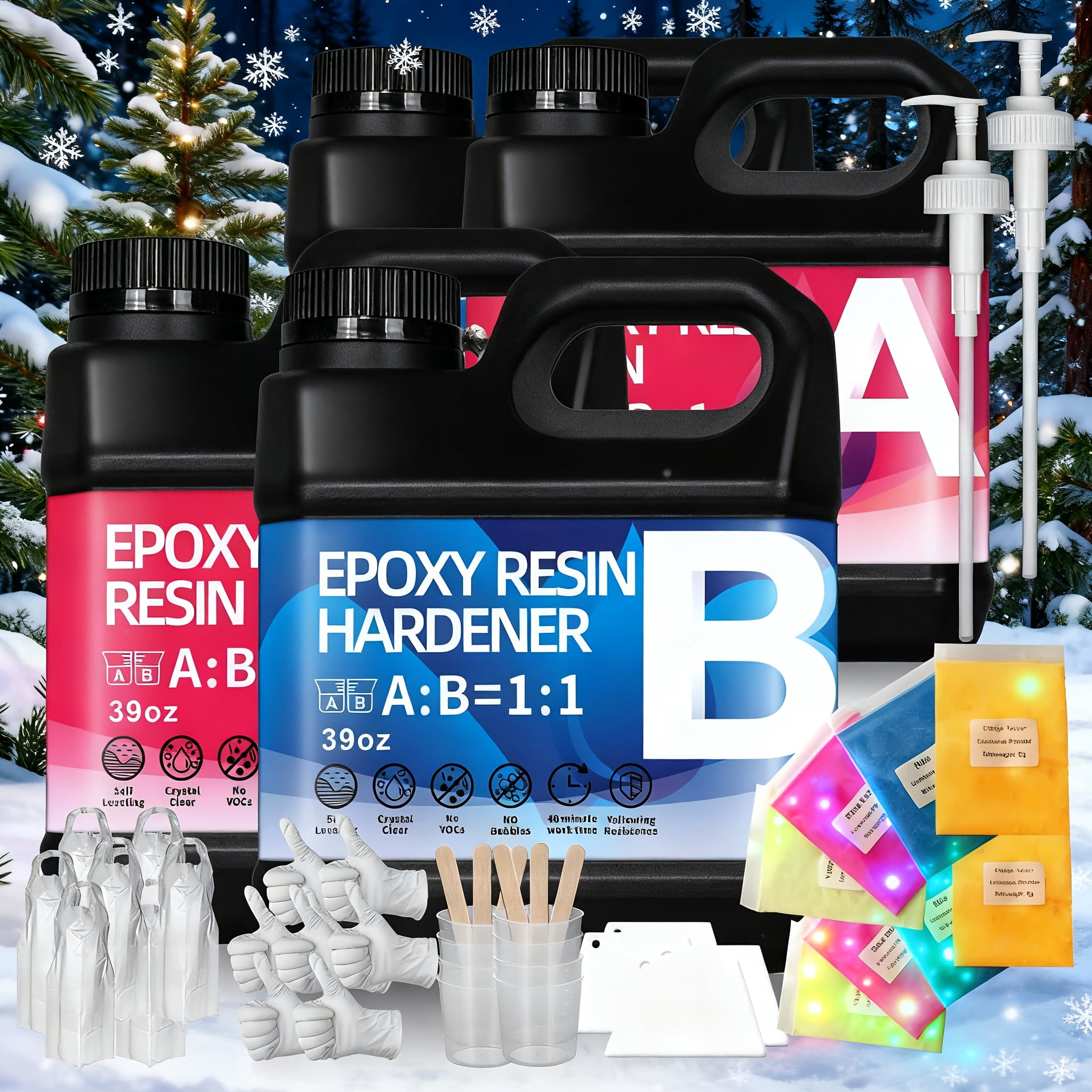 Fast Curing Epoxy Resin Kit, 156oz, Bubble-Free, Self-Leveling & Low Odor with day and night luminous effect. Comes with full set of tools plus 4-color luminous powd