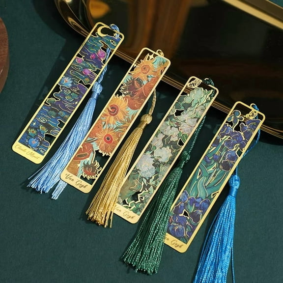 4 Pc Retro Floral Painting Metal Bookmark Hollow Bronzing Bookmark with Tassel Stationery Gifts for Book Club Reader,4 * Bookmarks (iris   sunflower   white rose   water lily)