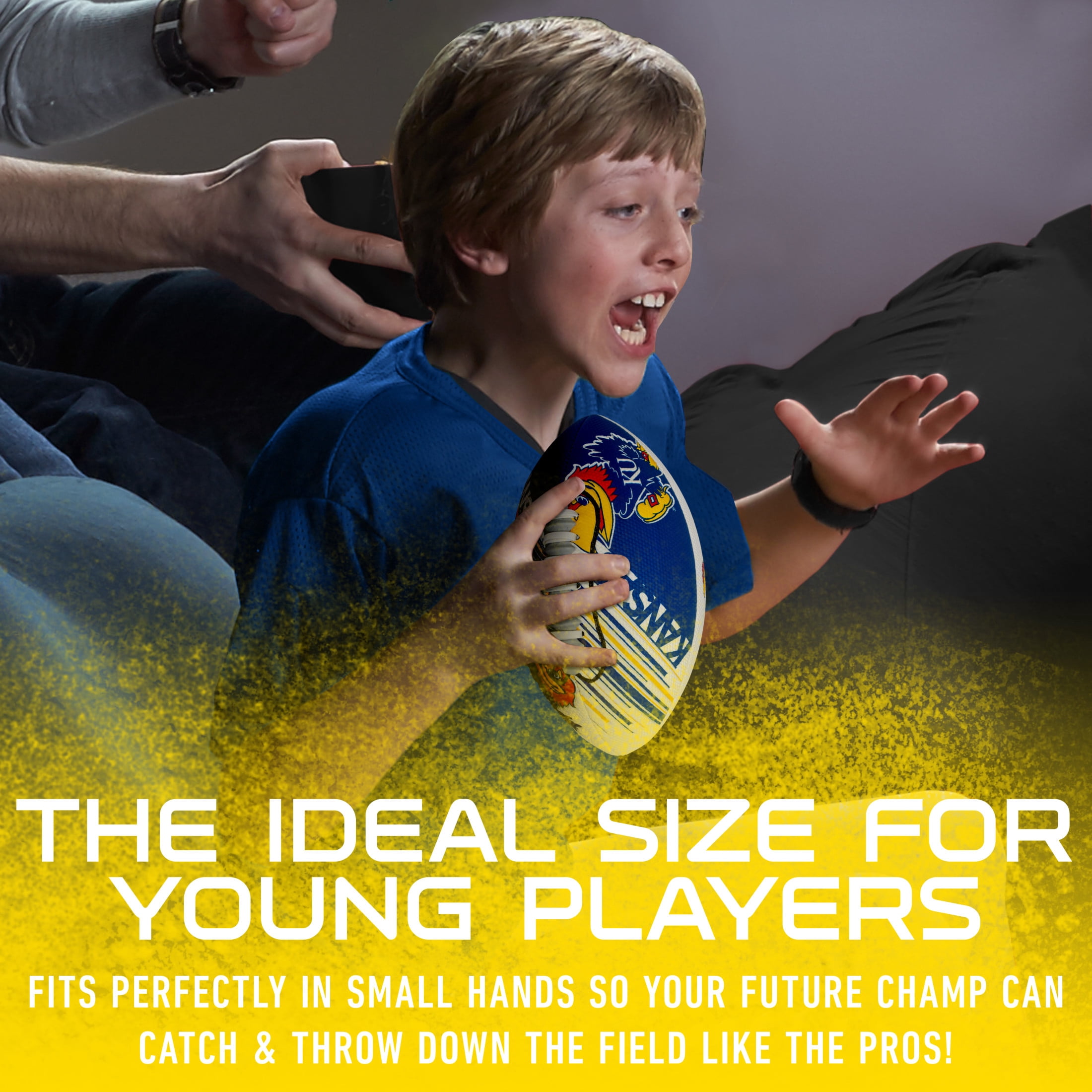 NCAA Kansas Jayhawks Foam Football - Youth Mini Football for Kids - 8.5" Junior Soft Foam Football - SPACELACE Easy Grip Cover - Perfect Toy Football for Kids