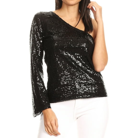 Women's One Shoulder Sexy Sequin Top Long Bell Sleeve Party Blouse T-Shirt