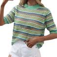 thumbnail image 1 of WEAIXIMIUNG Chemises à Manches Courtes pour Femmes Ensemble Couture Tricot Ajouré Ample Col Rond Rayé, 1 of 8