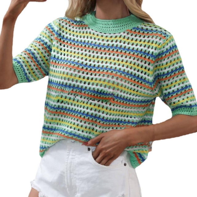 WEAIXIMIUNG Chemises à Manches Courtes pour Femmes Ensemble Couture Tricot Ajouré Ample Col Rond Rayé