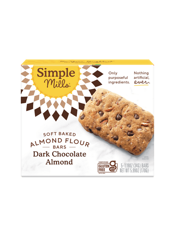 Simple Mills Soft Baked Almond Flour Bars, Dark Chocolate Almond, Gluten-Free, 5 Count