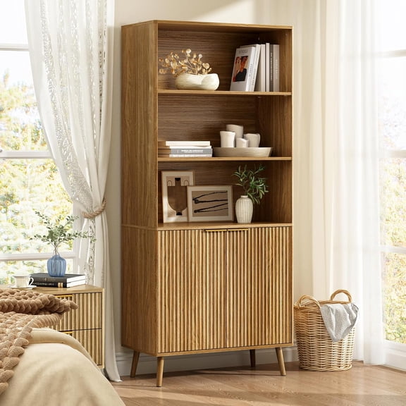 CARPETNAL Natural Oak Bookcase with Fluted Doors, 70.9" Tall 5-Tier Bookshelf with Adjustable Shelves, Wooden Storage Cabinet for Living Room, Office, or Kitchen