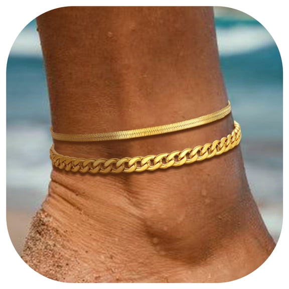 FindChic 2pcs Ankle Bracelets for Women, Gold Plated Anklet Sets Waterproof Herringbone Chain Cuban Link Summer Foot Jewelry Christmas Birthday Gifts for Her/Mom/Wife
