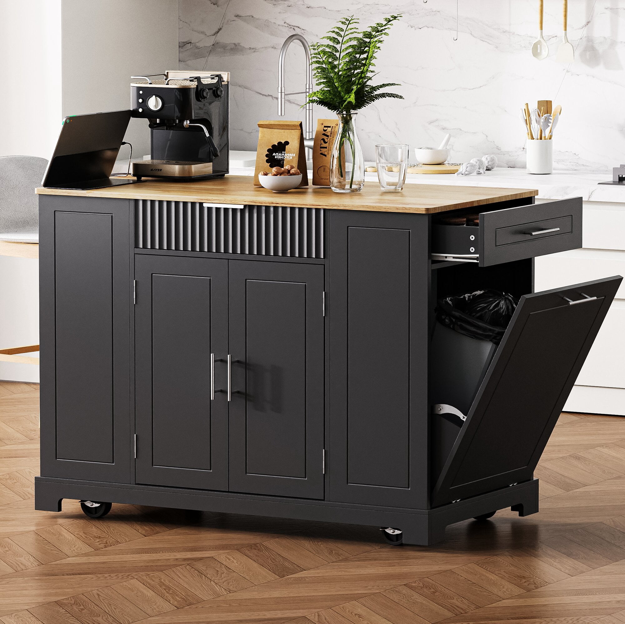 Yoneston Fluted Kitchen Island with Trash Can, Power Outlet, Wheeled Kitchen Trolley with Internal Storage Rack, 3 Drawer and 3 Open Side Racks for Kitchen, Dining Room, Black