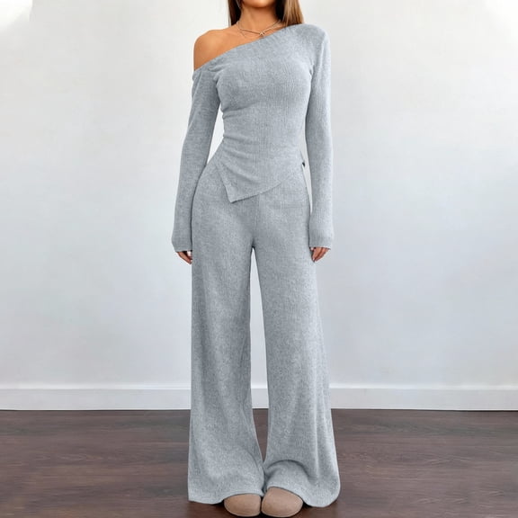 Huankd Spring Two Piece Sets for Women 2026 Off Shoulder Tops Long Pants Knit Matching Lounge Set Airport Travel Outfits Light Gray XL