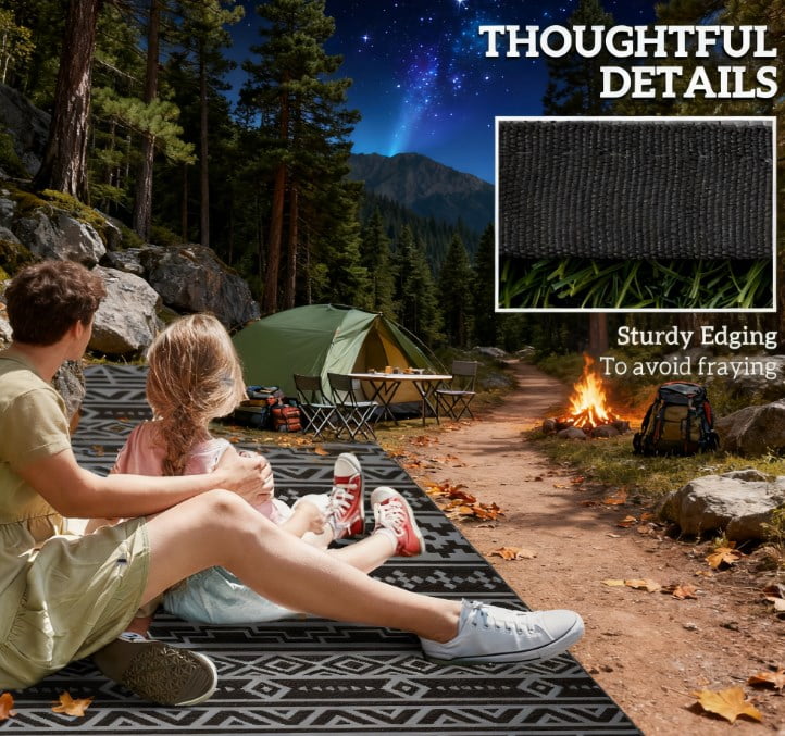 6' x 9' Black & Gray Geometric Wall Reversible Outdoor Rug, Waterproof Plastic Straw Patio Rug, Foldable Portable RV Camping Mat with Carry Bag