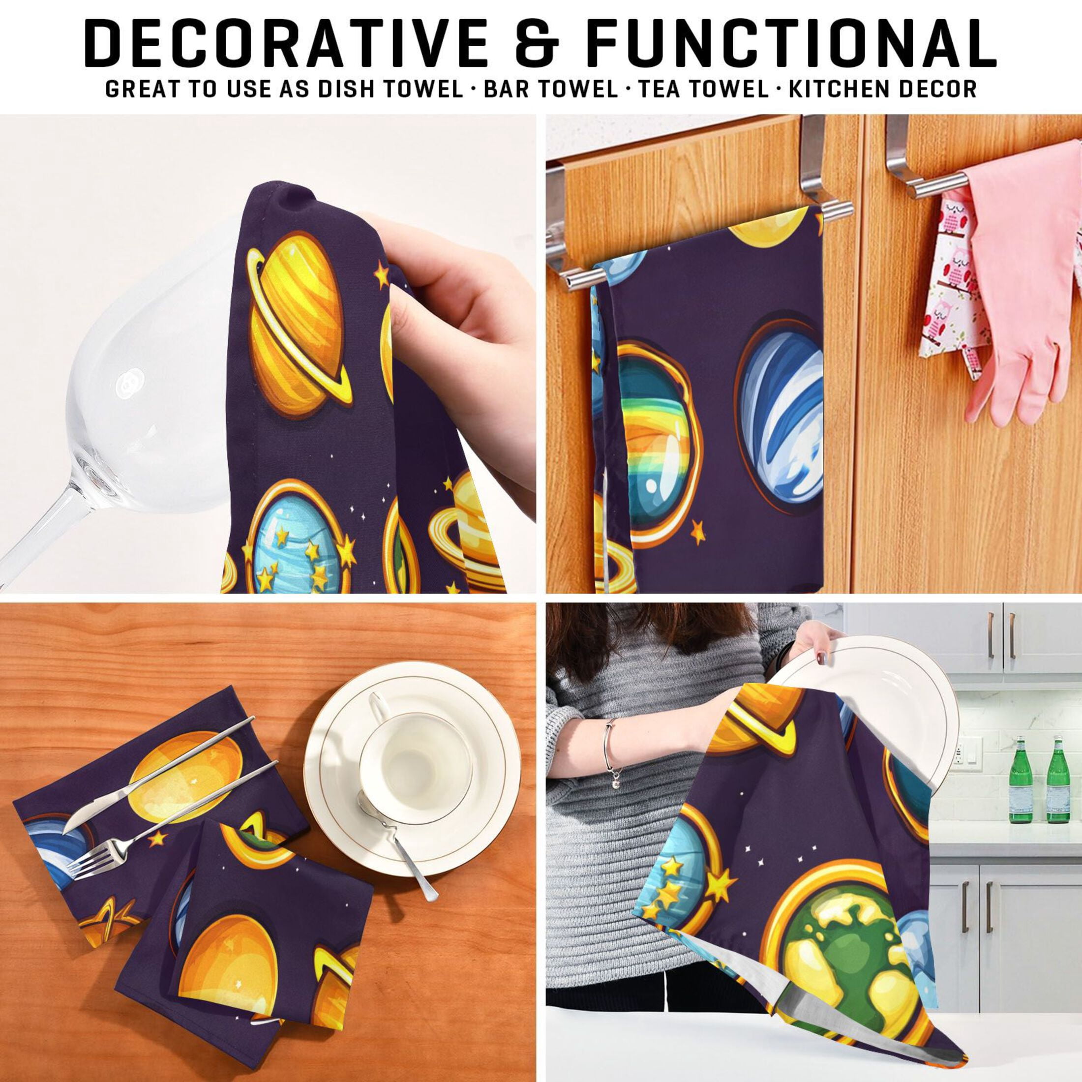 Cartoon Planets Pattern Kitchen Towels 6-Piece Pack Tea Towels for Kitchen Decorative Waffle Design 28x18in
