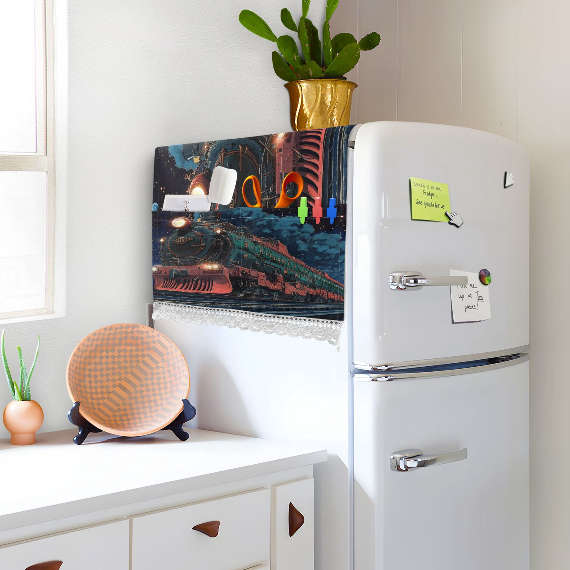 Green TrainWasher and Dryer Covers Dust-Proof and Oil Resistant Fridge Cover with 4 Storage Pockets Washing Machine Top Cover for Laundry Kitchen Home 51.2 x 22 In