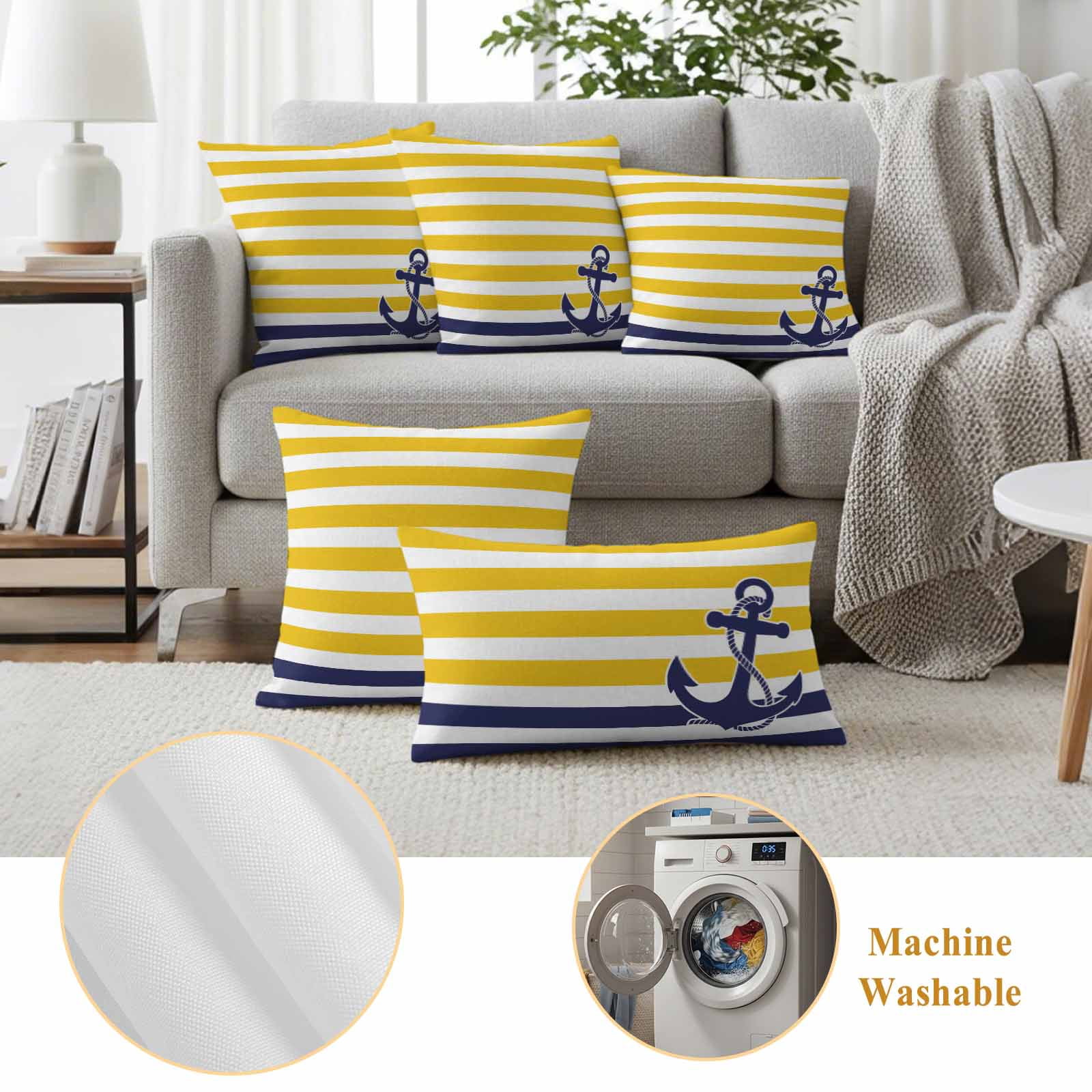 Pack of 2 Outdoor Pillow Covers 26x26 Inch Waterproof Yellow Striped Throw Pillow Covers,Decorative Couch Pillow Case Sham Navy Blue Nautical Anchor Geometric Patio Garden Pillowcases Cushion Covers