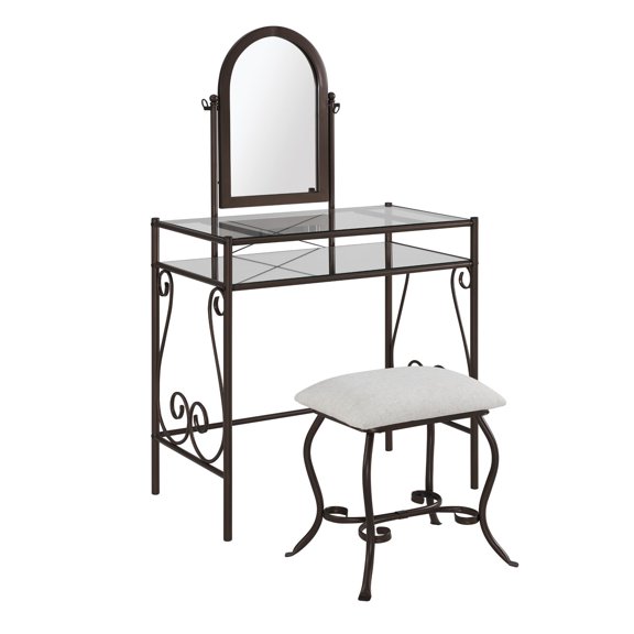 Contemporary Home Living 52.25" Gray Vanity Set with Mirror and Upholstered Stool