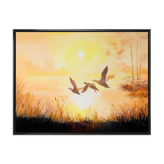 Designart 'Three Cranes Flying Through Warm Sunset' Traditional Framed Canvas Wall Art Print