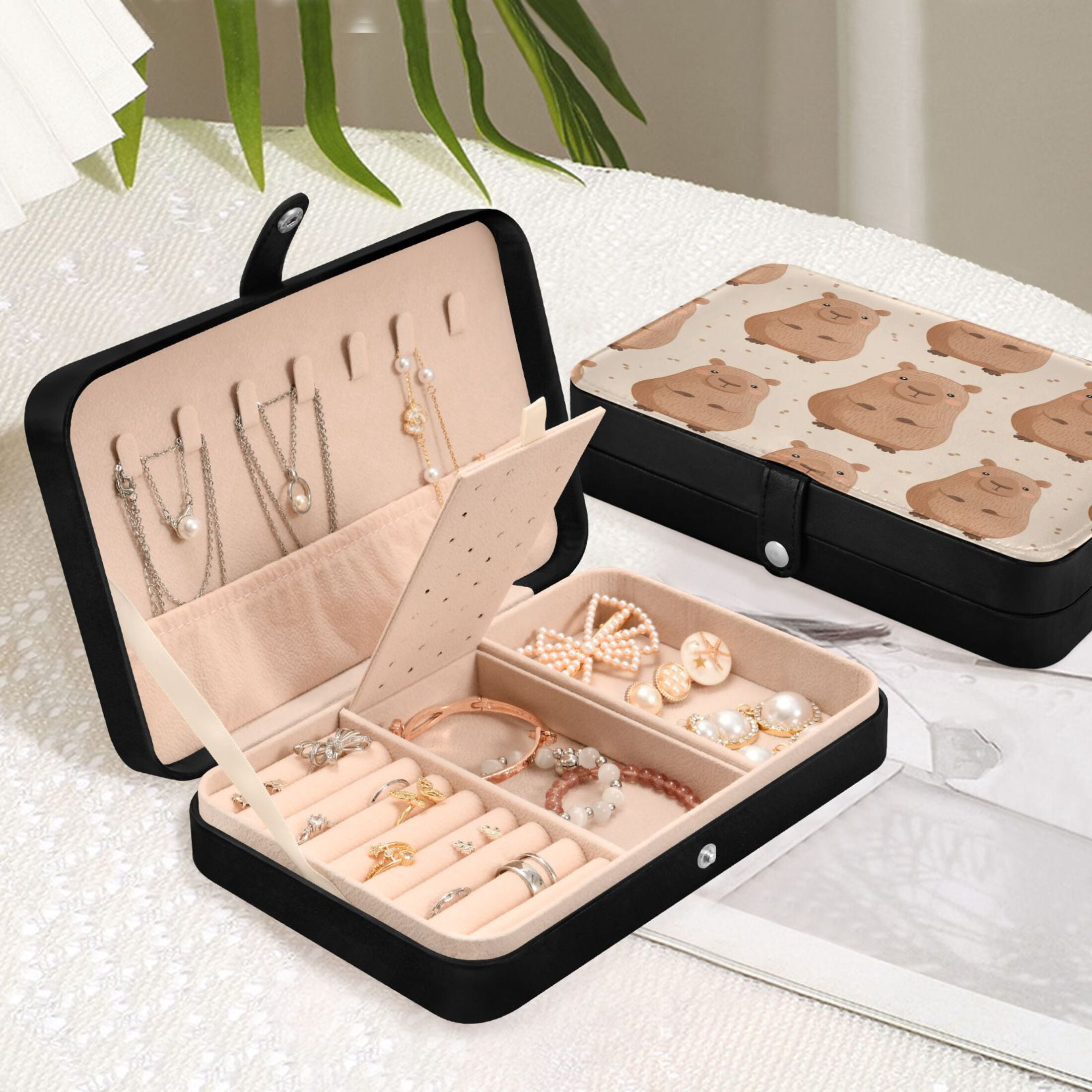 Leather Jewelry Box Rectangular 8.27x5.5x1.78In Travel Jewelry Storage Earrings Necklace Bracelet Watch Brooch Storage Capibara Cute
