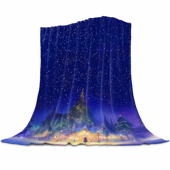 Christmas Blue Flannel Blanket for Bed,Travel and Camping, Watercolor Xmas Tree Street View Super Soft Cozy Blanket for All Seasons 32"x48"