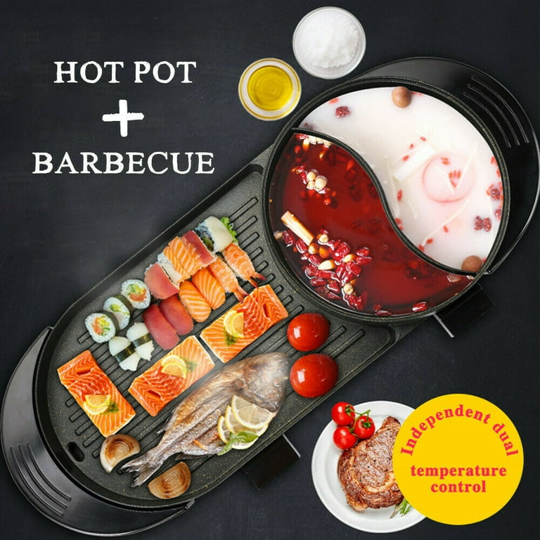 2 in 1 Indoor Hot Pot Barbecue Multifunctional, Indoor Teppanyaki Grill/Shabu Shabu Pot with Divider - Separate Dual Temperature Capacity for 2-12 People - Walmart.com