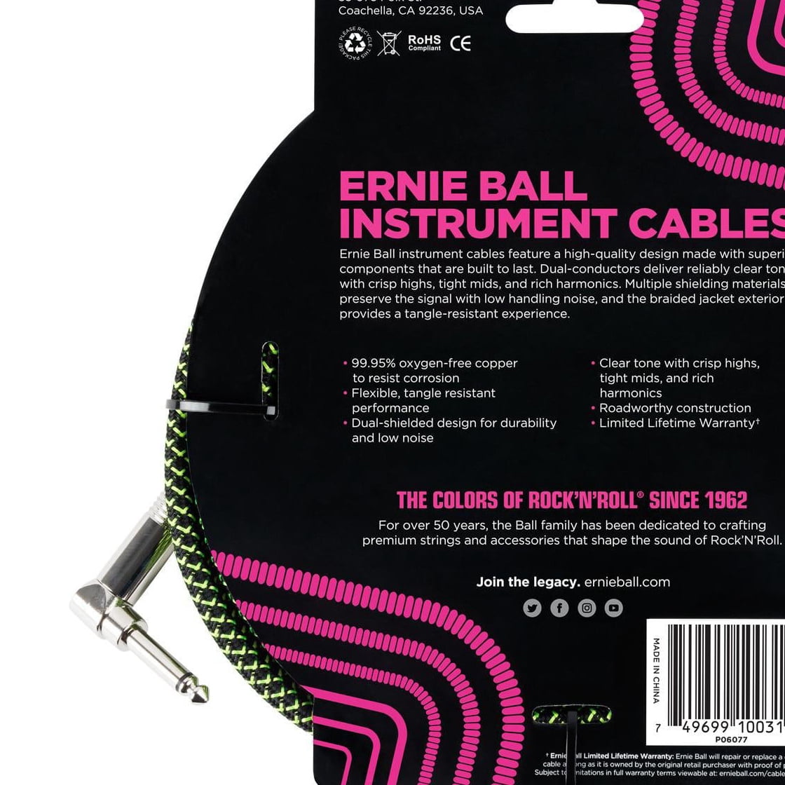 Ernie Ball Braided Instrument Cable, Straight/Angle, 10ft, Neon Green/Black P06077
