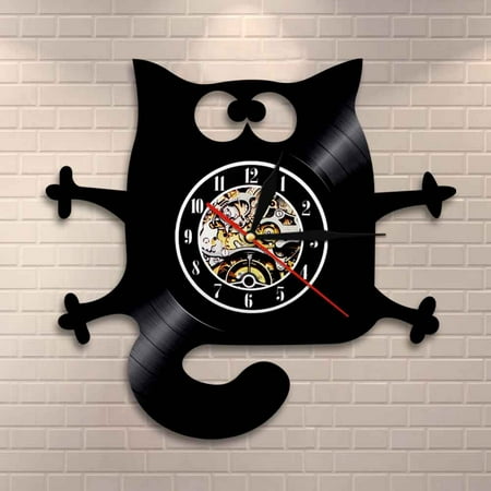 Amblelife Cat Meow Wall Clock Funny Black Cat Home Decor Modern Vinyl Record Wall Clock Kitten Decorative Clock Gift For Kitty Cat Lovers