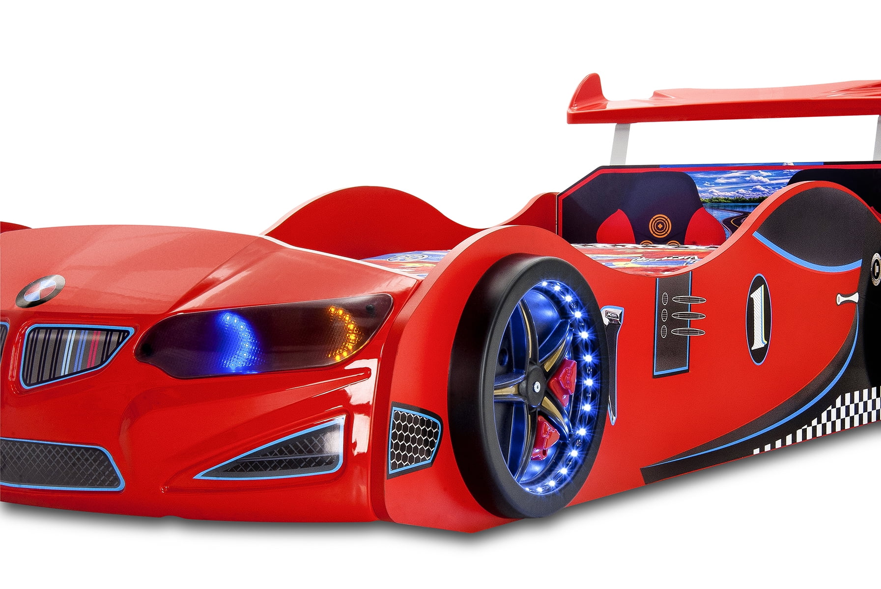 aslantradinginc Twin Car Bed with LED Lights and Sounds, Red