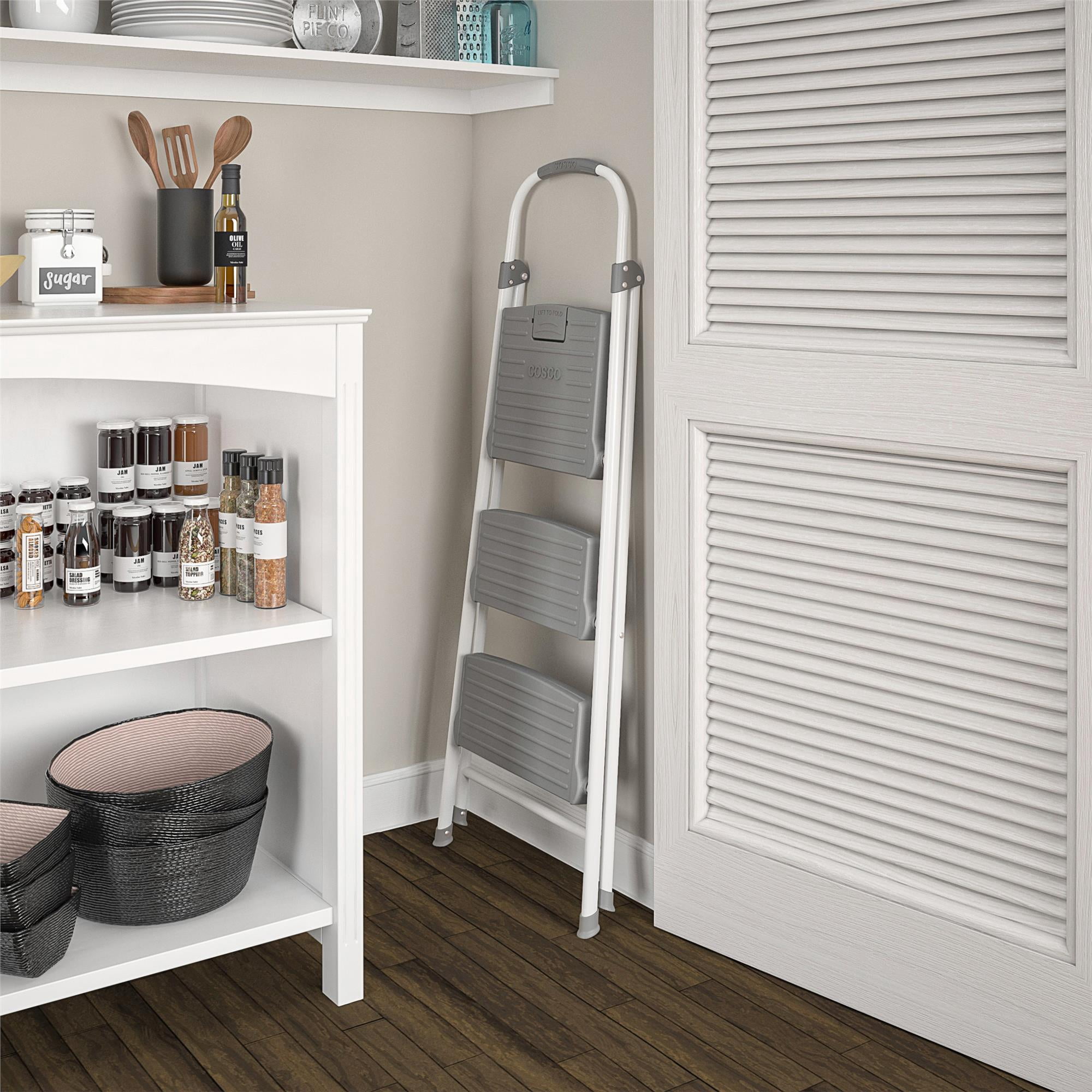 COSCO 2 step Connection Folding Step Stool with Large Resin Steps, Max Reach 8ft 1in (White and Gray, Steel with Resin Steps)
