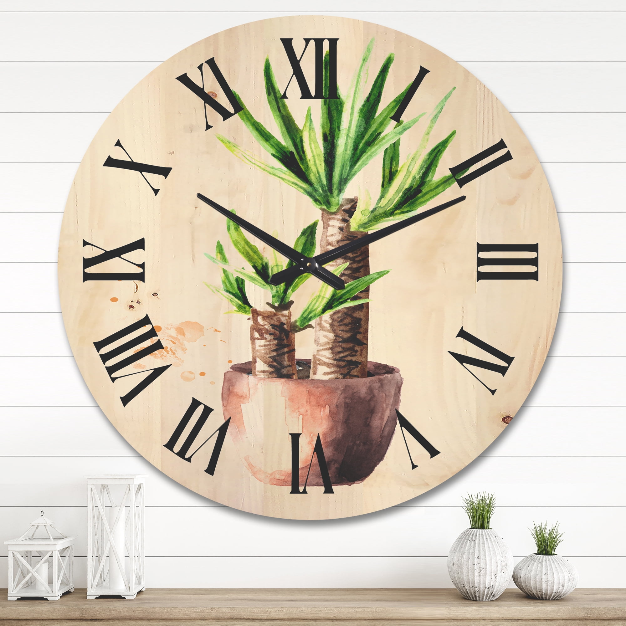 Designart 'Yucca Tree In The Ceramic Flower Pot On White' Traditional Wood Wall Clock