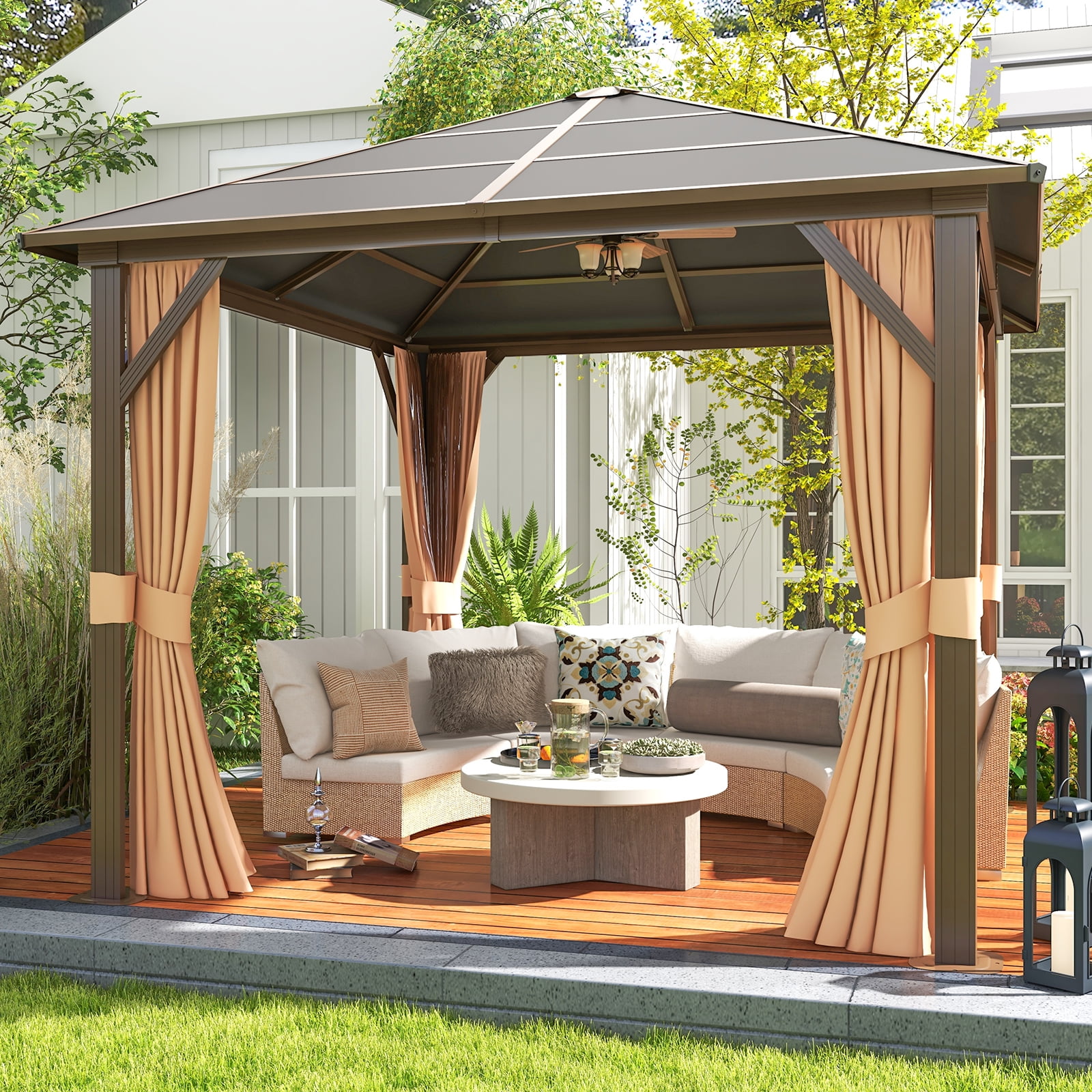 Sunmthink 10x10 ft. Hardtop Gazebo, Aluminum Frame and Polycarbonate Permanent Pavilion for Garden, Patio, Backyards, Brown