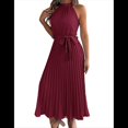 thumbnail image 3 of Vestido de Cóctel Midi Plisado con Cuello Halter, Sin Mangas y Corte en A para Mujer, para Playa y Sol (Verano 2025) Vino Tinto M, 3 of 10