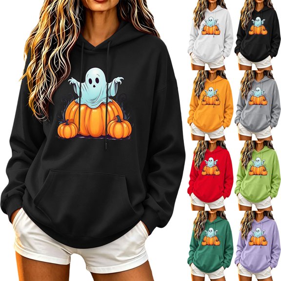 Jsaierl Halloween Sweatshirts for Women Cute Ghost Graphic Pullover Hoodies Trendy Classic Long Sleeve Sweater Tops Halloween Costumes, Sizes S-2XL