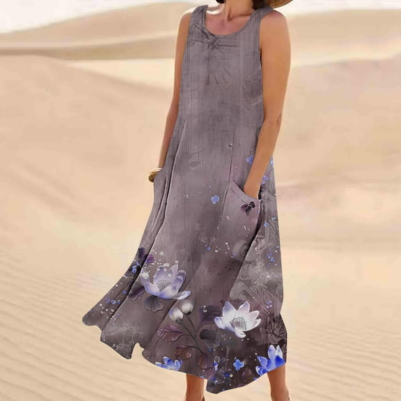 XWSHYW Womens Dresses Summer Floral Pattern Crew Neck Holiday Party Dresses Sexy Sleeveless Loose Fit Beach Long Dress