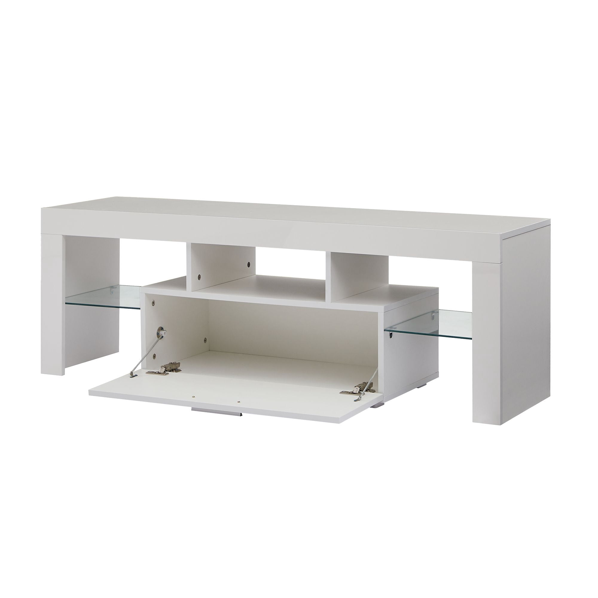 DEALTOPS Modern TV Stand with 16-Color LED Lights and Big Drawer, Minimalistic Media Console with Glass Shelves for TVs up to 55'' -White