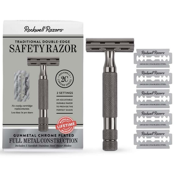 Rockwell Razors 2C Adjustable Double Edge Safety Razor for Men with 5 Razor Blades, Gunmetal Chrome