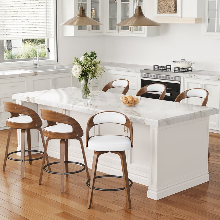 Vipbear Swivel Bar Stools With Back Set Of 2,26 Inch Linen Upholstered Counter Height Bar Stools For Kitchen Island, Round Footrest, Solid Wood Legs