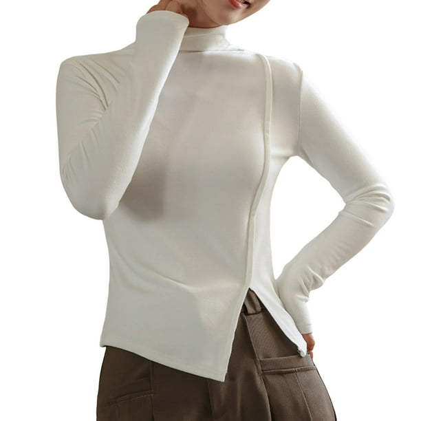 Camiseta básica de manga larga para mujer: cuello alto, corte ajustado, elástica y ligera, blusa para combinar con otras prendas, ideal para hacer ejercicio o para un look informal.