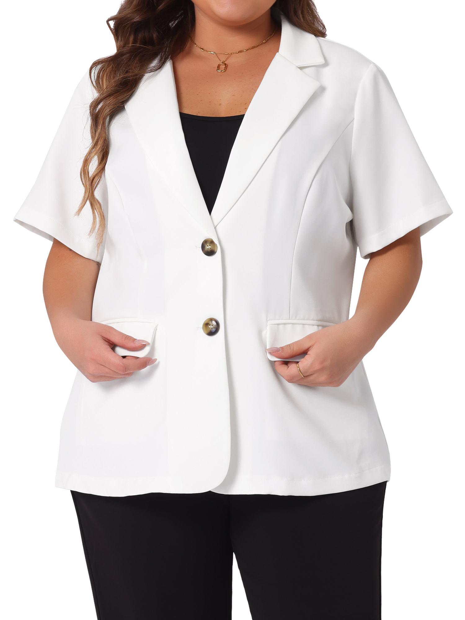 DARING DIVA Women's Plus Casual Blazers Short Sleeve Notched Lapel Blazer 2X White