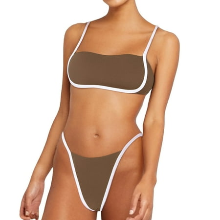 Womens Swimsuits Sexy Solid Color Spaghetti Strap Retro Brassiere With Thongs Brazilian Two Piece Bikini Sets For Women Swimwears Bathing Suits Brown XL