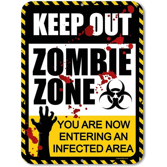 Funny Signs, Keep Out Zombie Zone, 9 inch by 12 inch Metal Funny Novelty Signs, Made in USA, Halloween Sign, HDG-1213