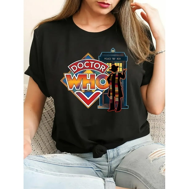 1pc Cotton Doctor Who Geometric Casual T-Shirt for Women, Crew Neck, Medium Stretch, All-Season Fashion Top