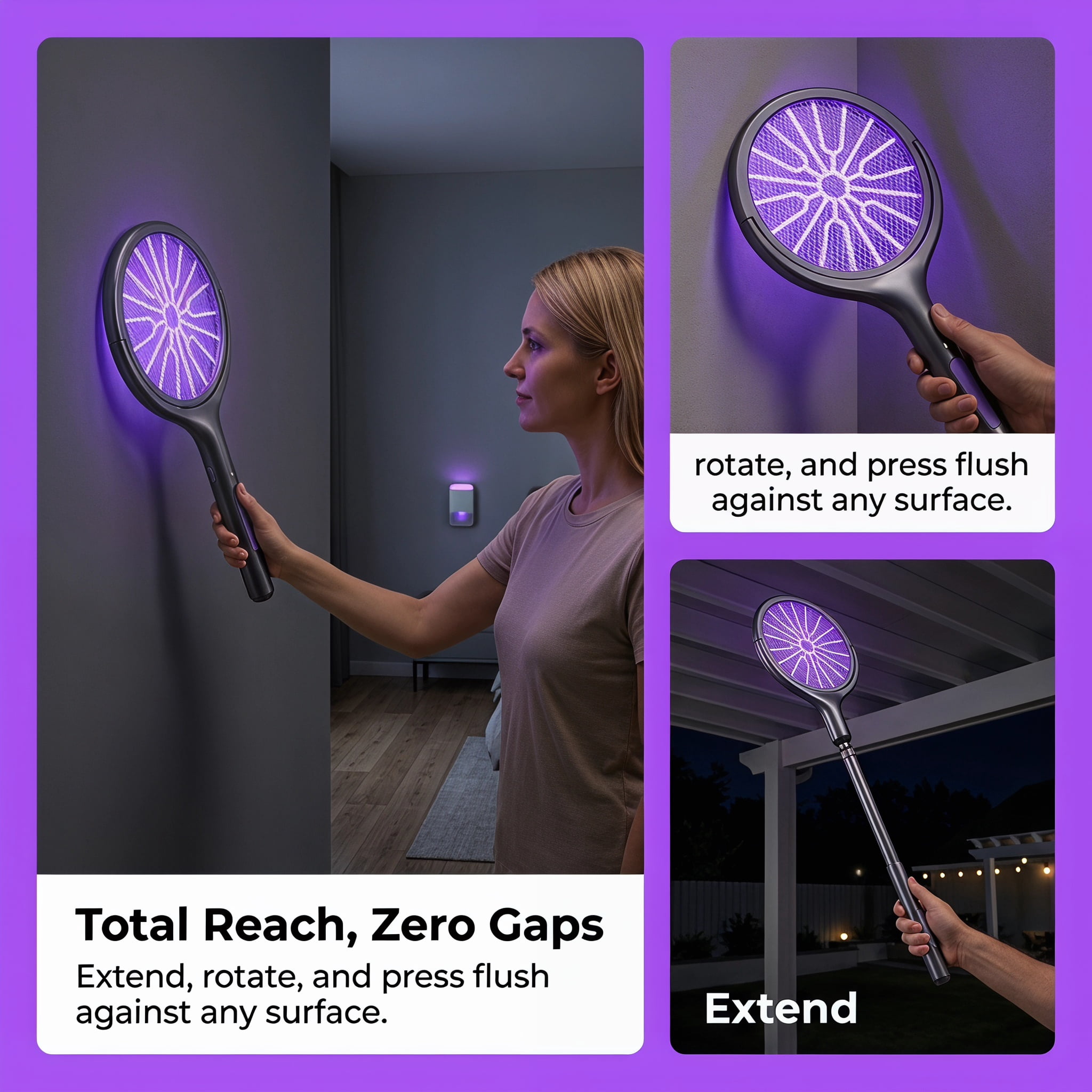 Rechargeable Electric Fly Swatter with Extendable Handle, 2-in-1 Electric Mosquito Swatter Bug Zapper, Portable Insect Killer for Home Garden Outdoor