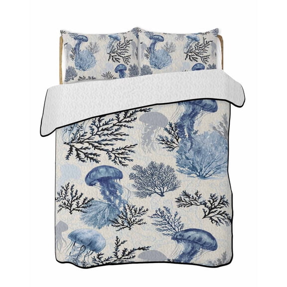 Quilts Full Size Bedding Set, Vintage Jellyfish Coastal Lightweight Quilted Comforter, Navy Blue Nautical Summer Ocean Soft Reversible Bedspread Coverlet with Pillow Covers for All Season, 78" x 90"