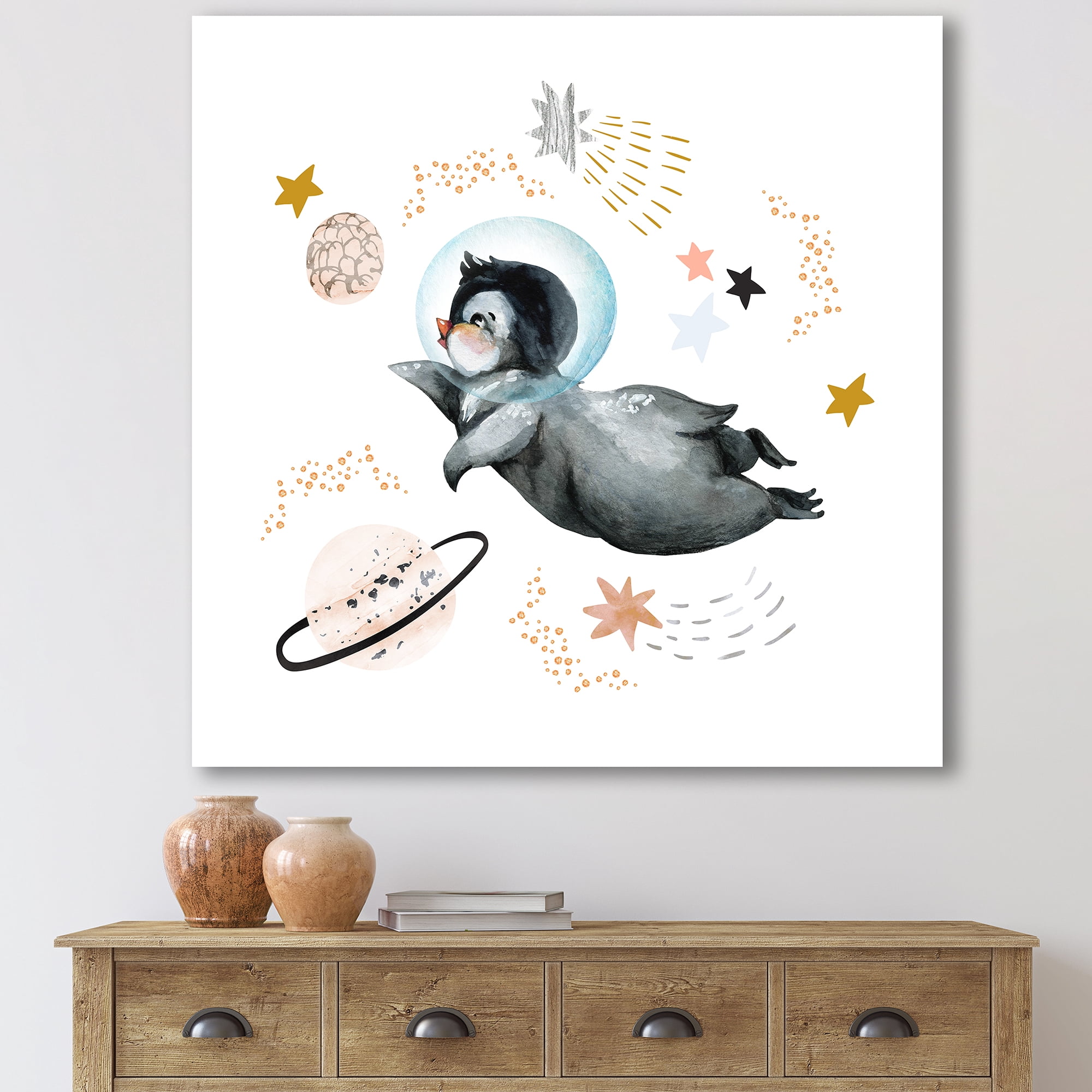 Designart ' Little Penguin Flying Planets and Stars II ' Farmhouse Canvas Wall Art Print