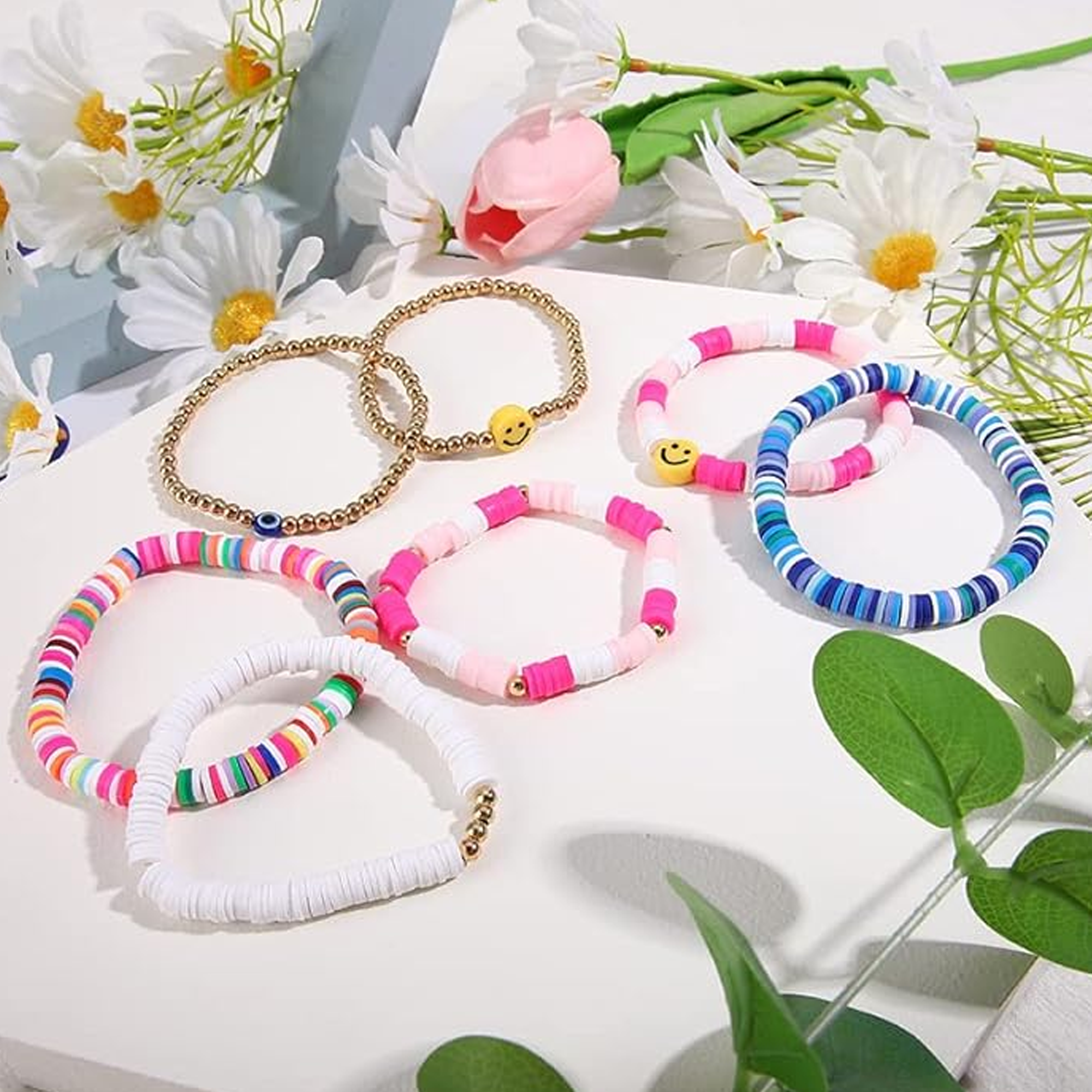 GOVSONE 7Pcs Heishi Surfer Bracelets Preppy Happy Smile GOVSONE 7Pcs Heishi Surfer Bracelets Preppy Happy Smile