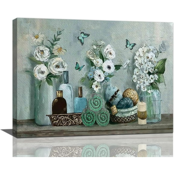 Flowers Bathroom Wall Art Farmhouse Floral in Mason Vase Bathroom Pictures Wall Decor Teal Bathroom Canvas Painting Prints Rustic Butterfly Country Framed Artwork for Bathroom Laundry Room 12"x16"