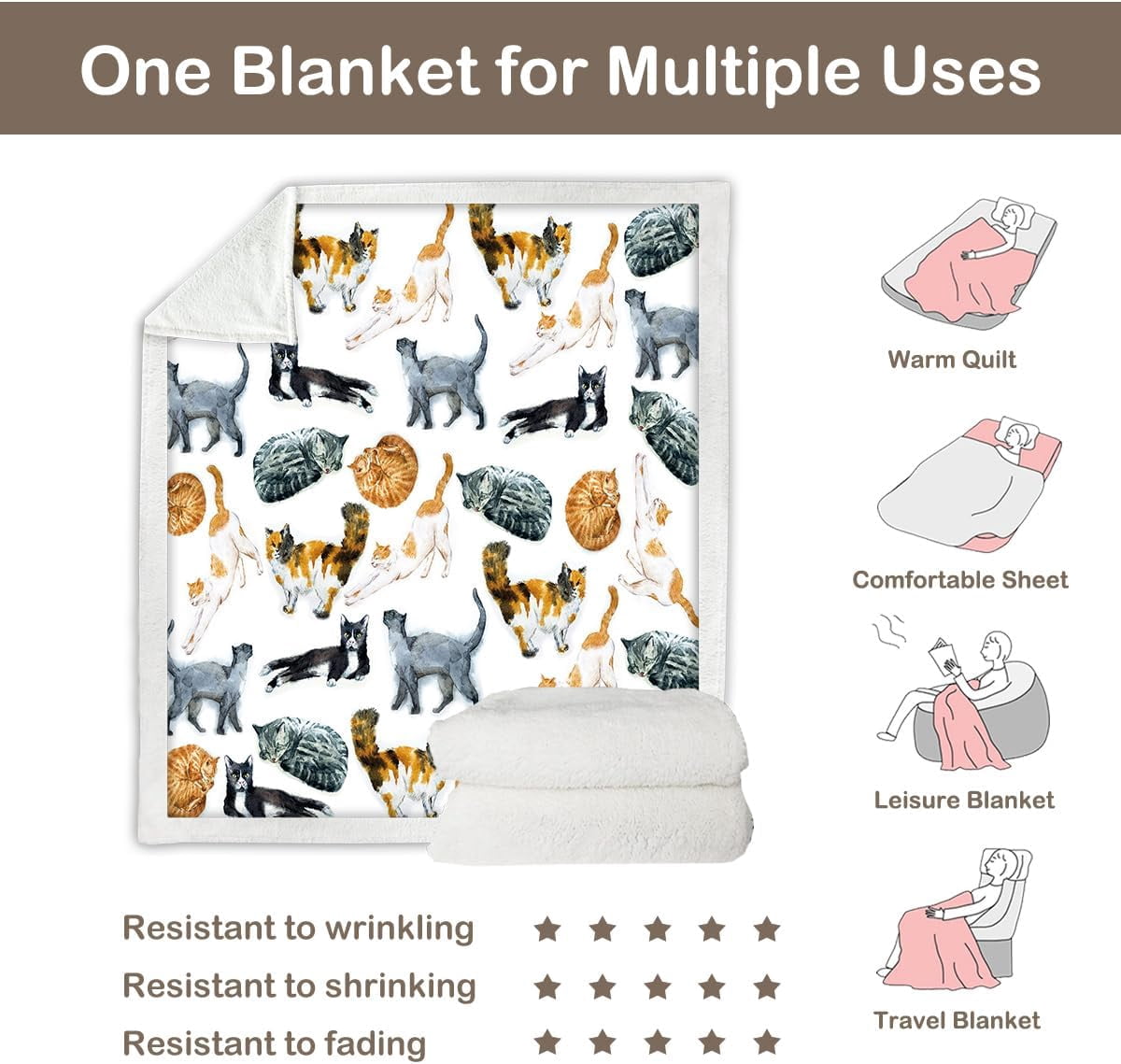 Colorful Cat Fleece Throw Blanket for Couch Chair Fuzzy Kitten Print Plush Sherpa Blanket Gifts for Cat Lovers Kids, Twin(60" X 80")